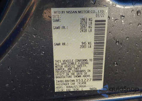 2022 Nissan Altima S Fwd из США, поврежденный, VIN 1N4BL4BV5NN351227